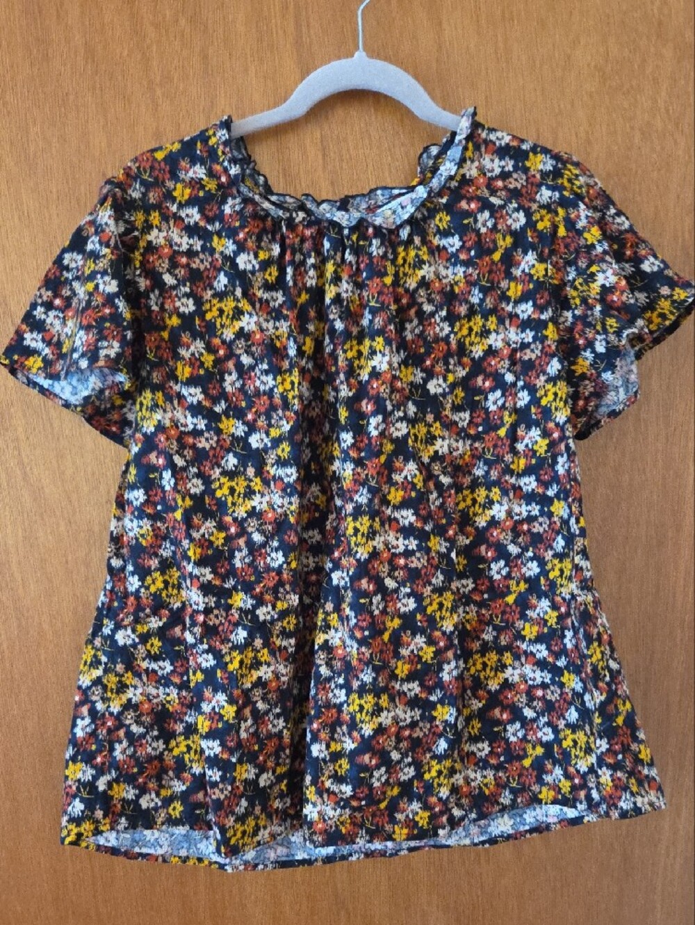 Time and Tru Navy Short-Sleeve Blouse with Yellow & Rust Floral Print